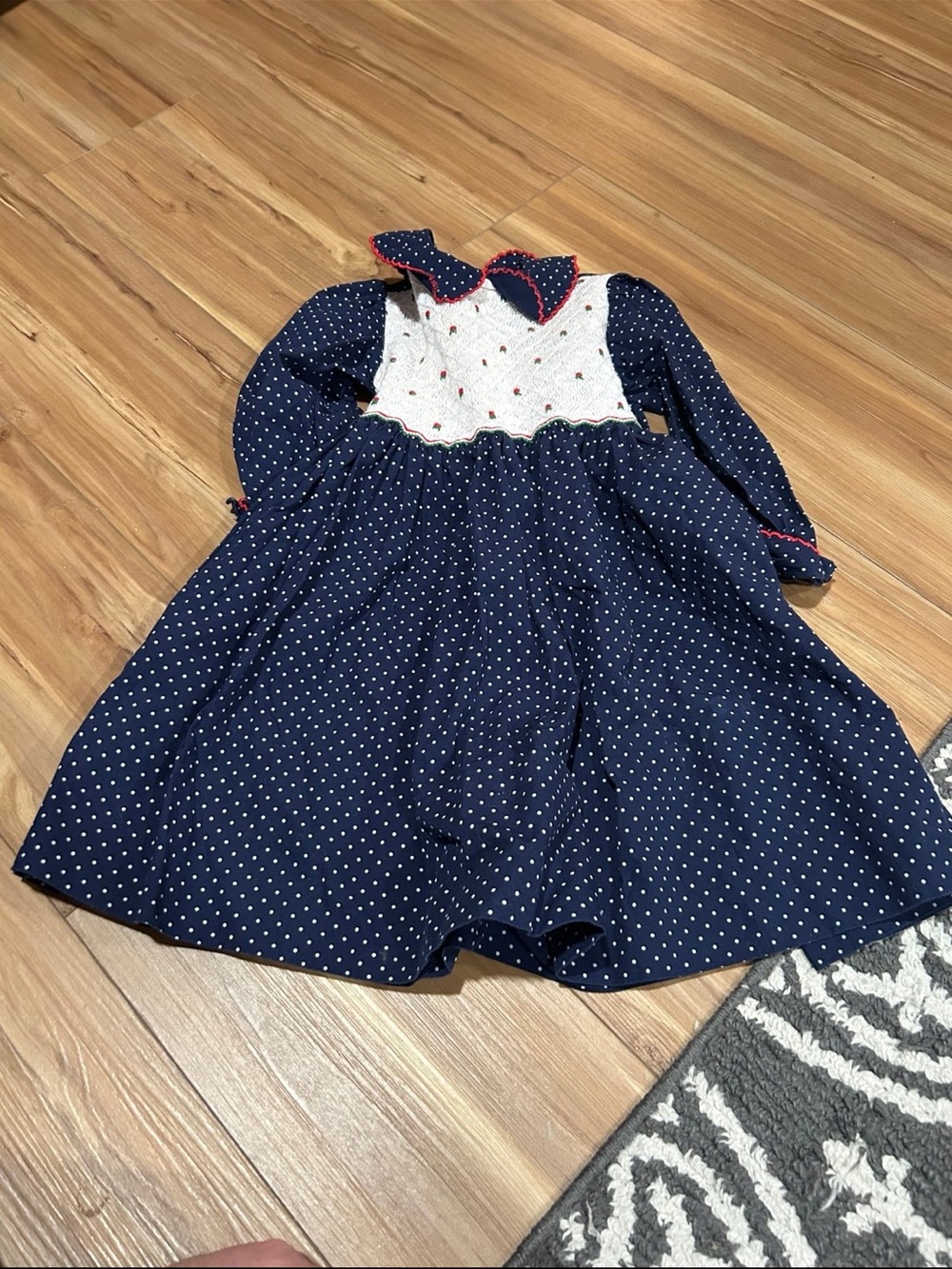 Vintage Navy Polka Dot Long Sleeve Girls Dress with Embroidered Bodice Size 4